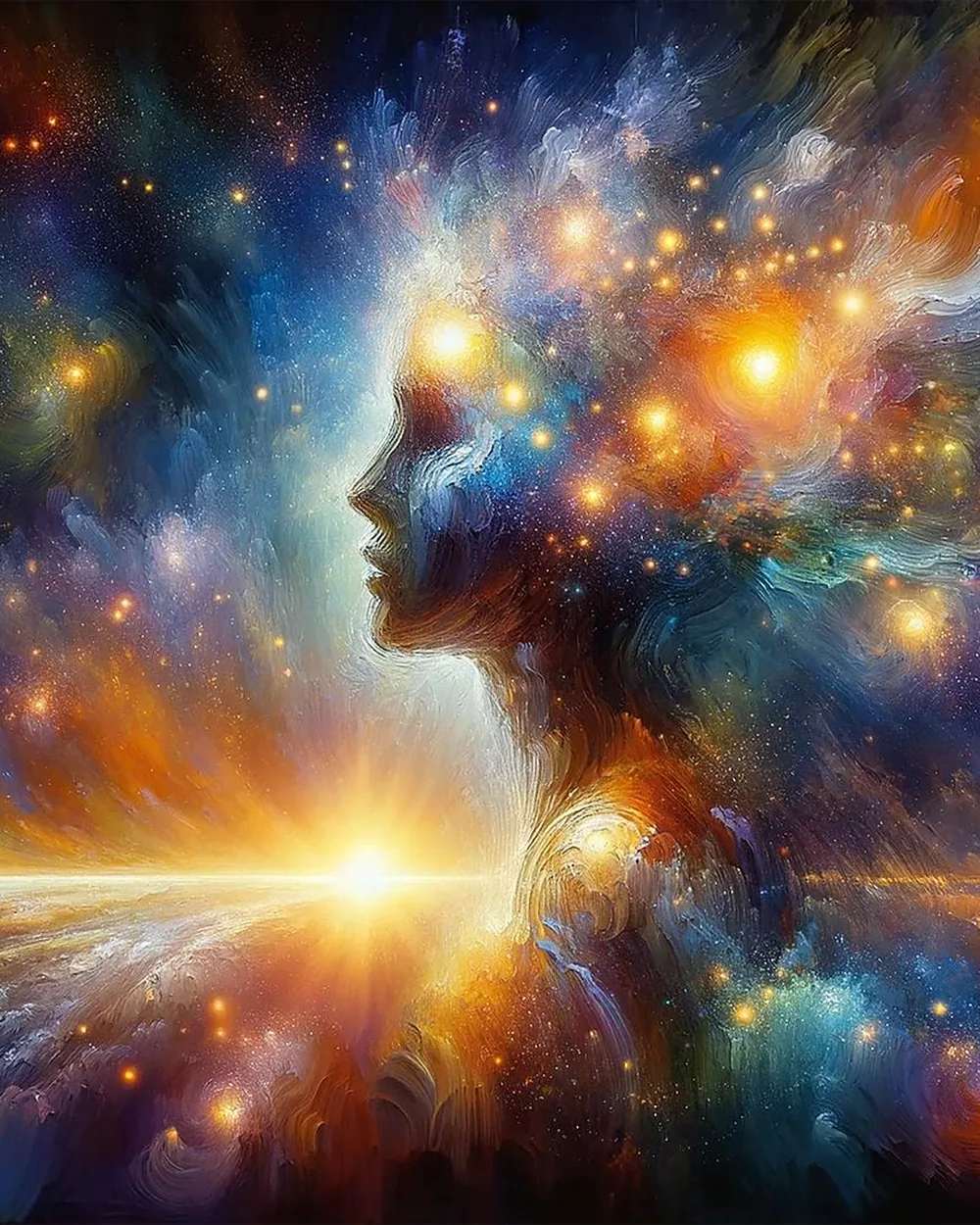 Gemälde eines Profils, dessen Aura als leuchtendes Farb- und Lichtfeld nach aussen strahlt