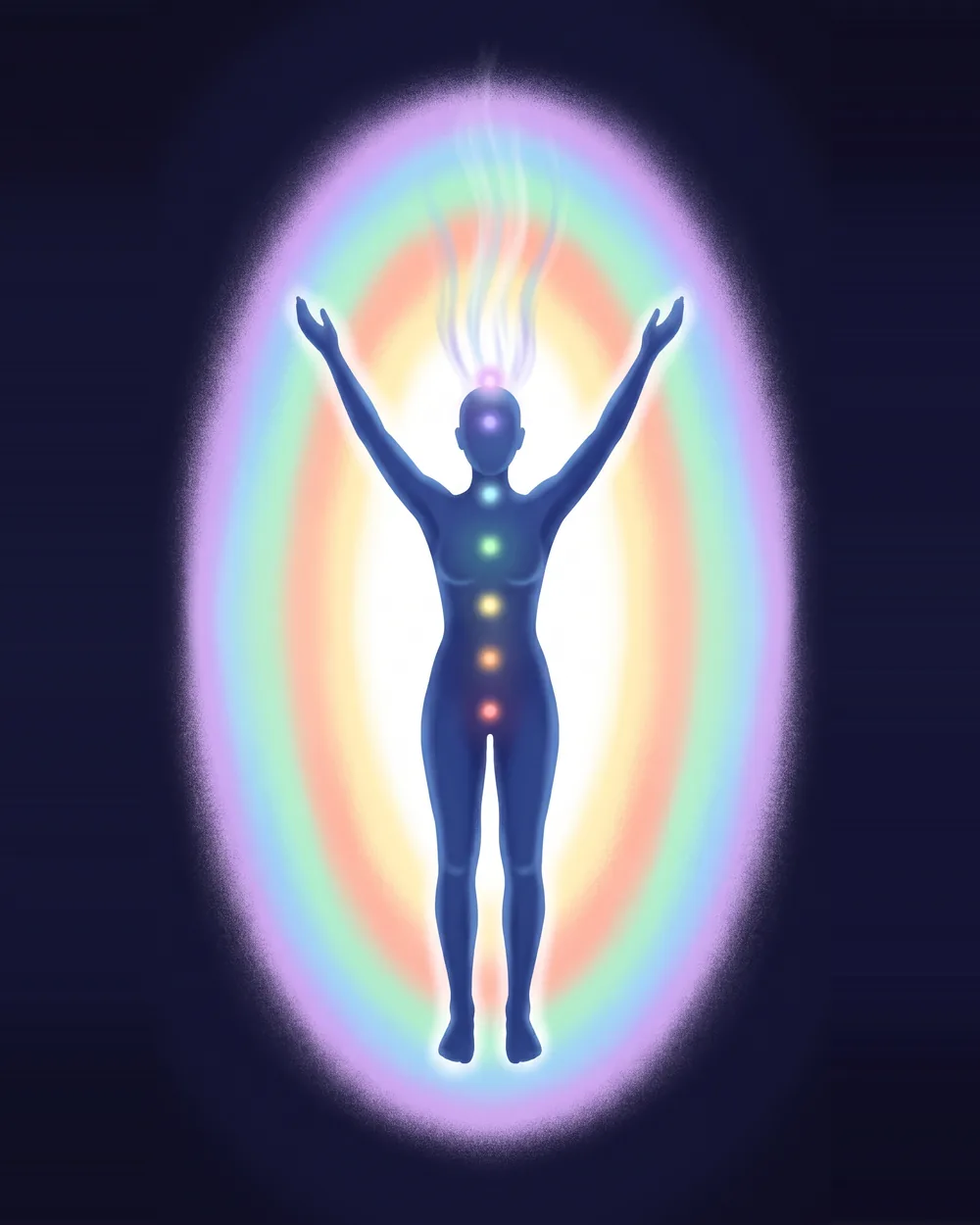 Illustration eines Menschen mit farbig leuchtendem Aura-Feld und den sieben Chakren
